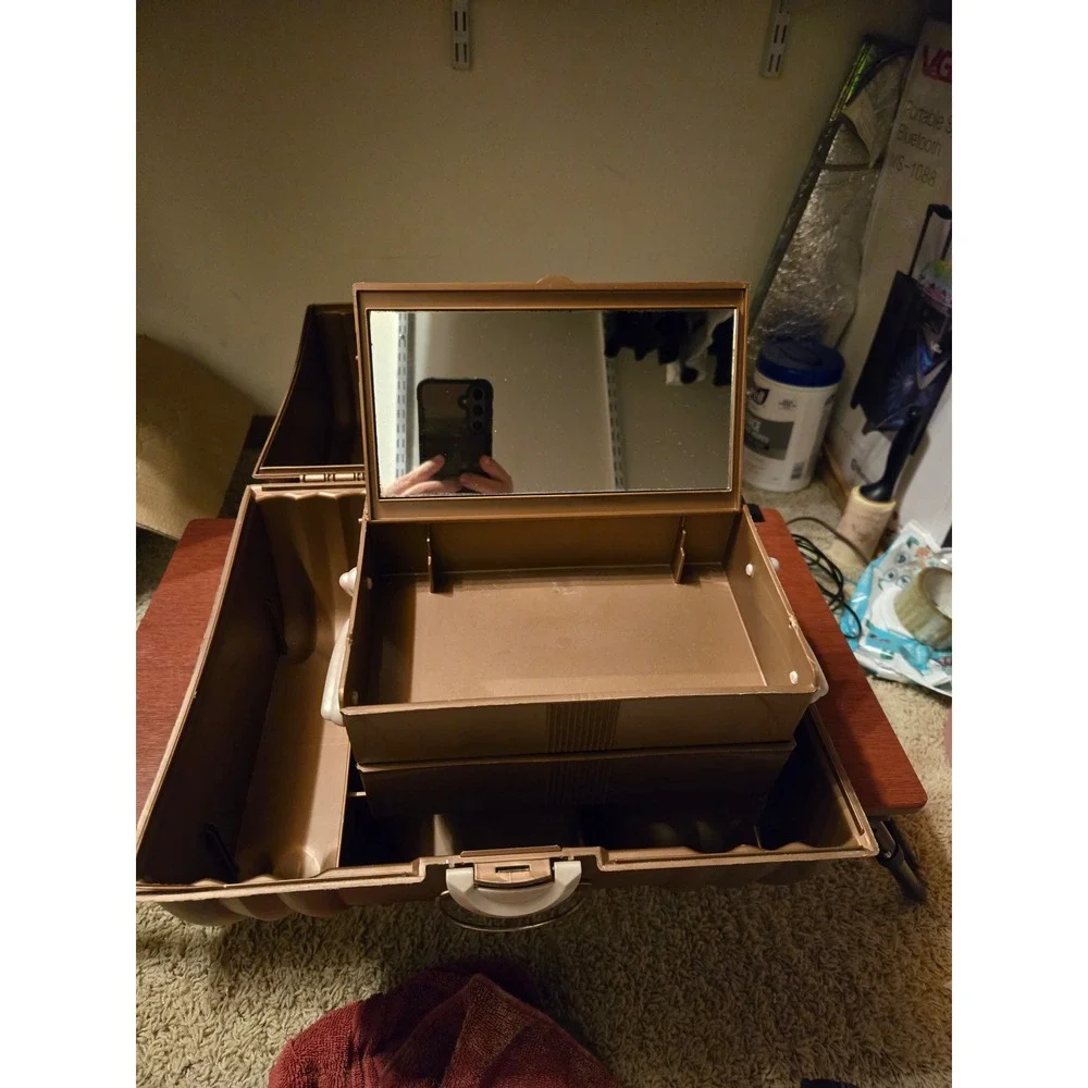 Vintage Sassaby Makeup Organizer Case Bronze Metallic‎ 90s Vanity Mirror Trunk